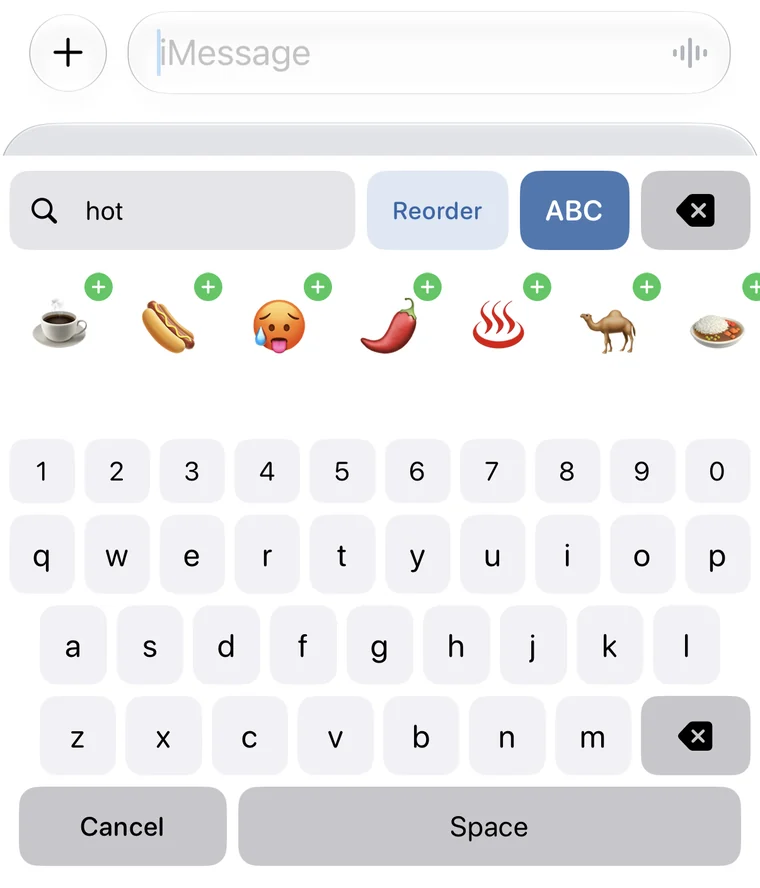 Searching hidden emojis for hot in the JustFavs keyboard