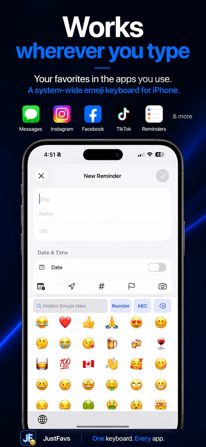 JustFavs system-wide emoji keyboard shown in the Reminders app